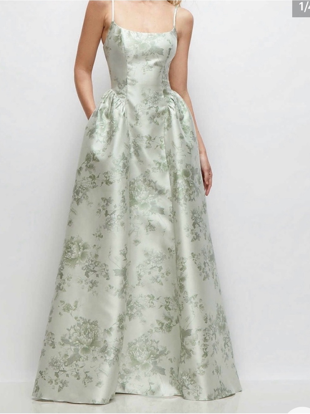 Alfred Sung, Green Floral Dress Drop Basque, Cottage Sage Rose with pockets!